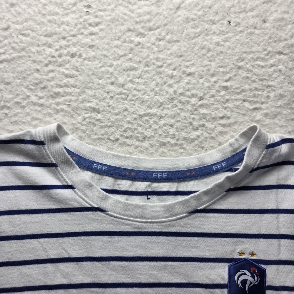 France Shirt Womens Large White Blue Striped FFF Soccer Football Tee T-Shirt